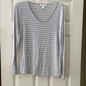 White House Black Market- Light Gray and White Striped Long Sleeve Tee